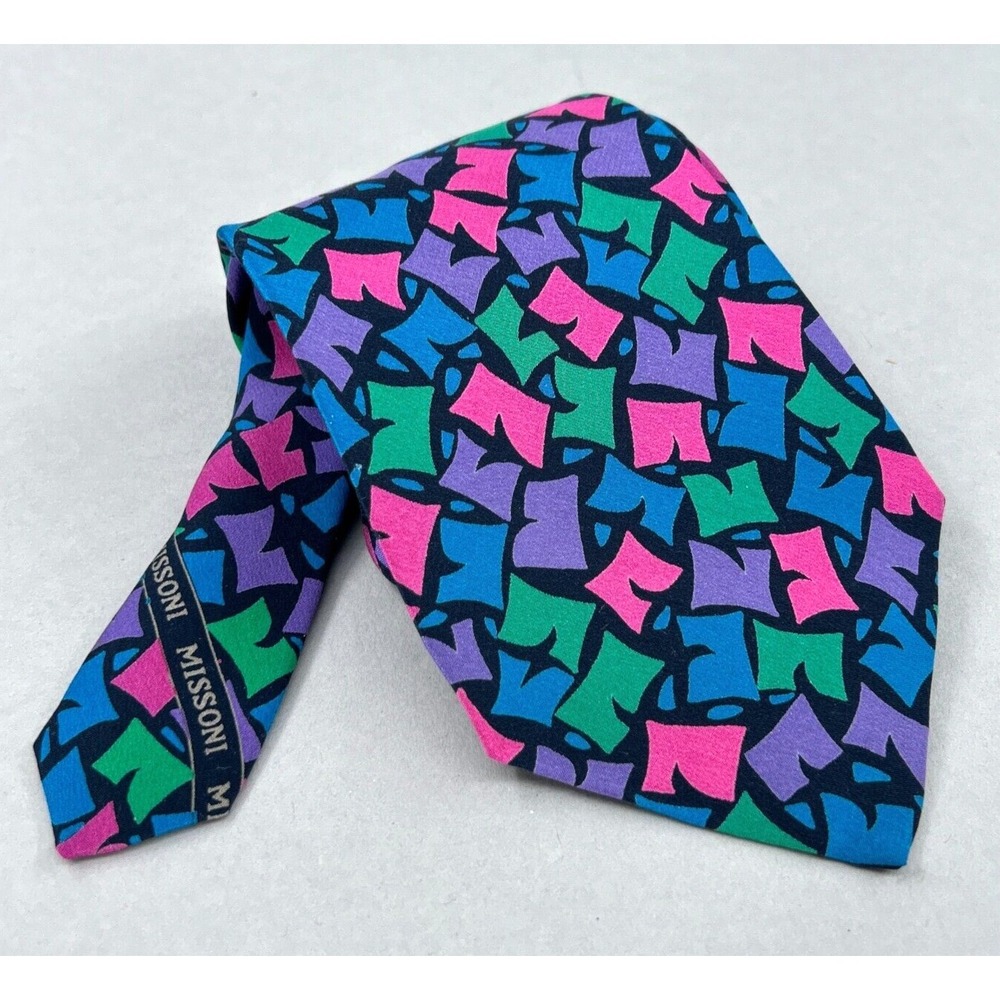 Vintage MISSONI Tie Necktie Silk Graffiti Monogram Purple Pink Colorful Mens